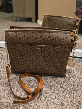 DKNY Brown Logo Crossbody with Tan Trim and Gold Hardware